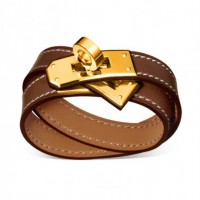 Hermes Rivale Double Wrap Light Coffee Bracelet With Gold